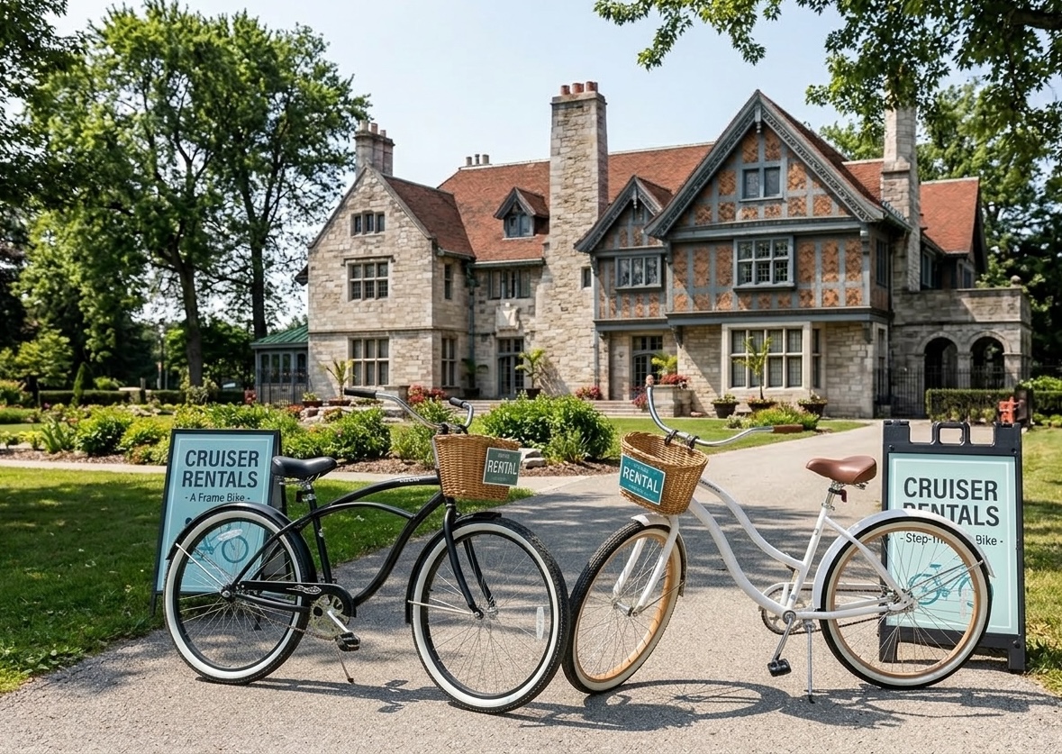 Brand new cruiser bikes for rent in front of Willistead Manor, Walkerville Windsor Ontario